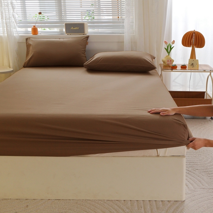 晶缦 2025新款100%纯棉13376纯色喷气全棉磨毛单床笠 暖芸馨-枯茶棕
