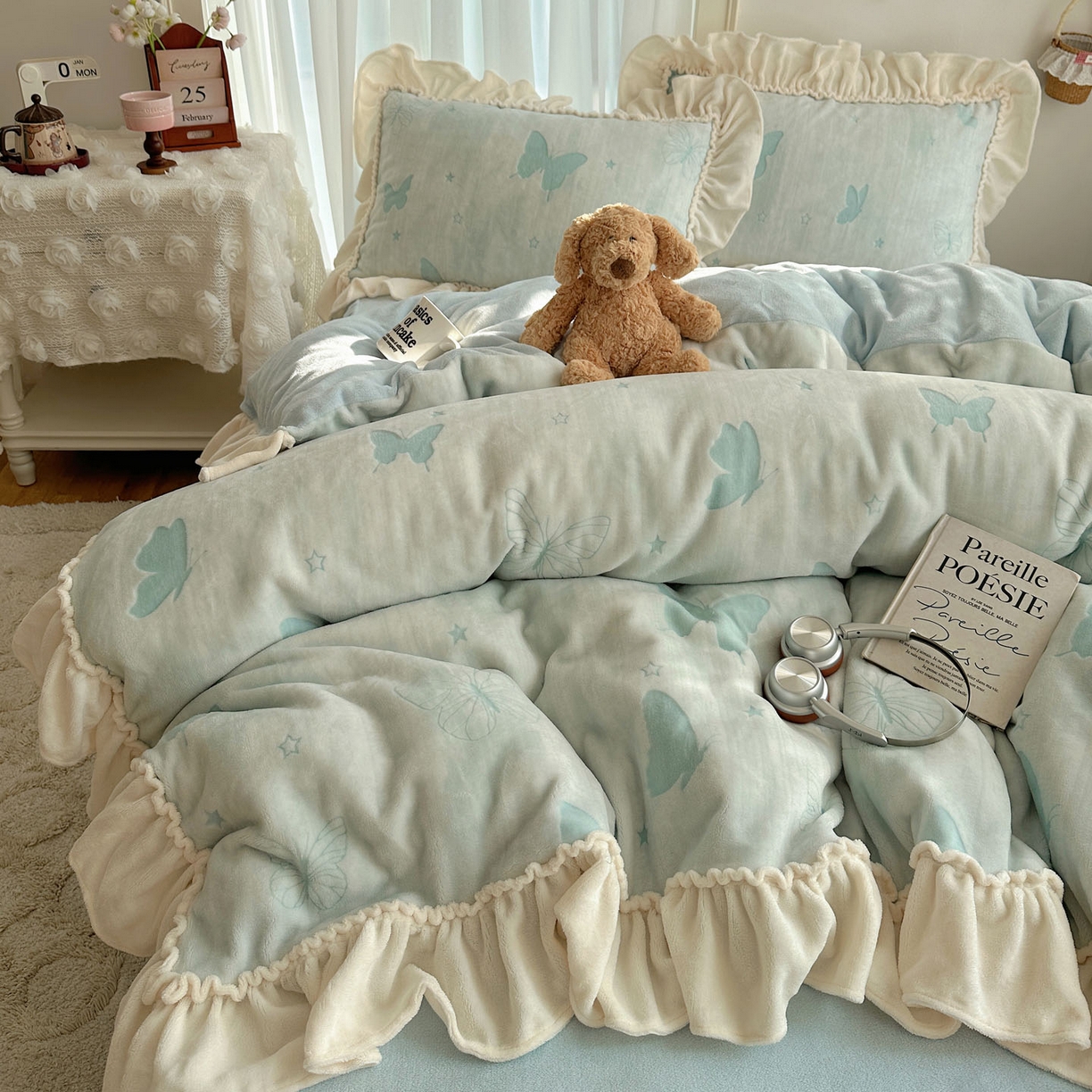 轻奢坊 2025新款牛奶绒5D烂花韩版法式花边四件套-蝶梦 蝶梦蓝