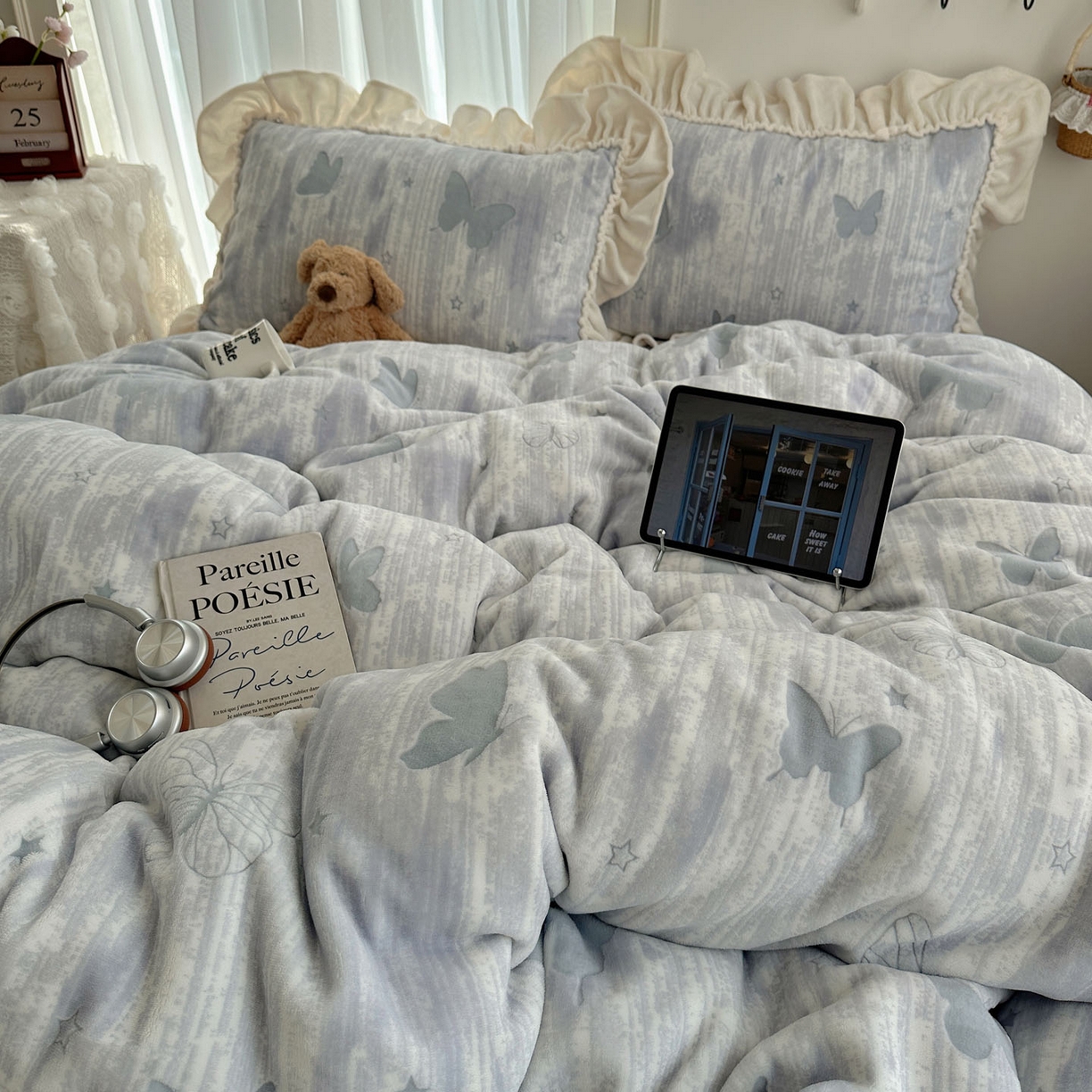 91家纺网 家纺一手货源 找家纺 轻奢坊 2025新款牛奶绒5D烂花韩版法式花边四件套-蝶梦 蝶梦紫