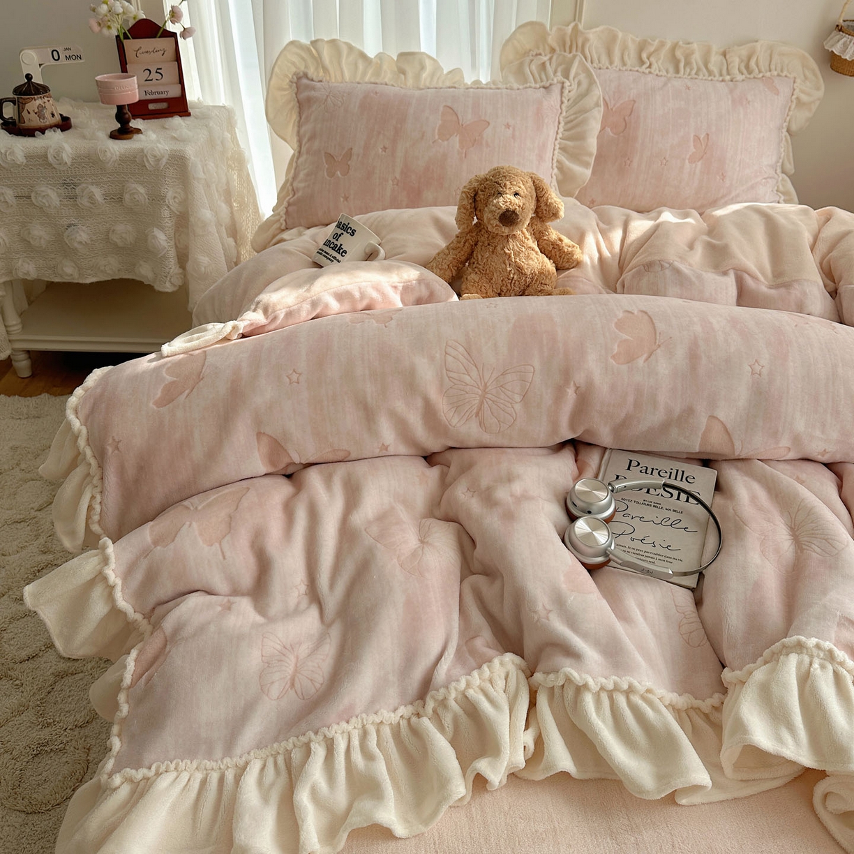 轻奢坊 2025新款牛奶绒5D烂花韩版法式花边四件套-蝶梦 蝶梦粉