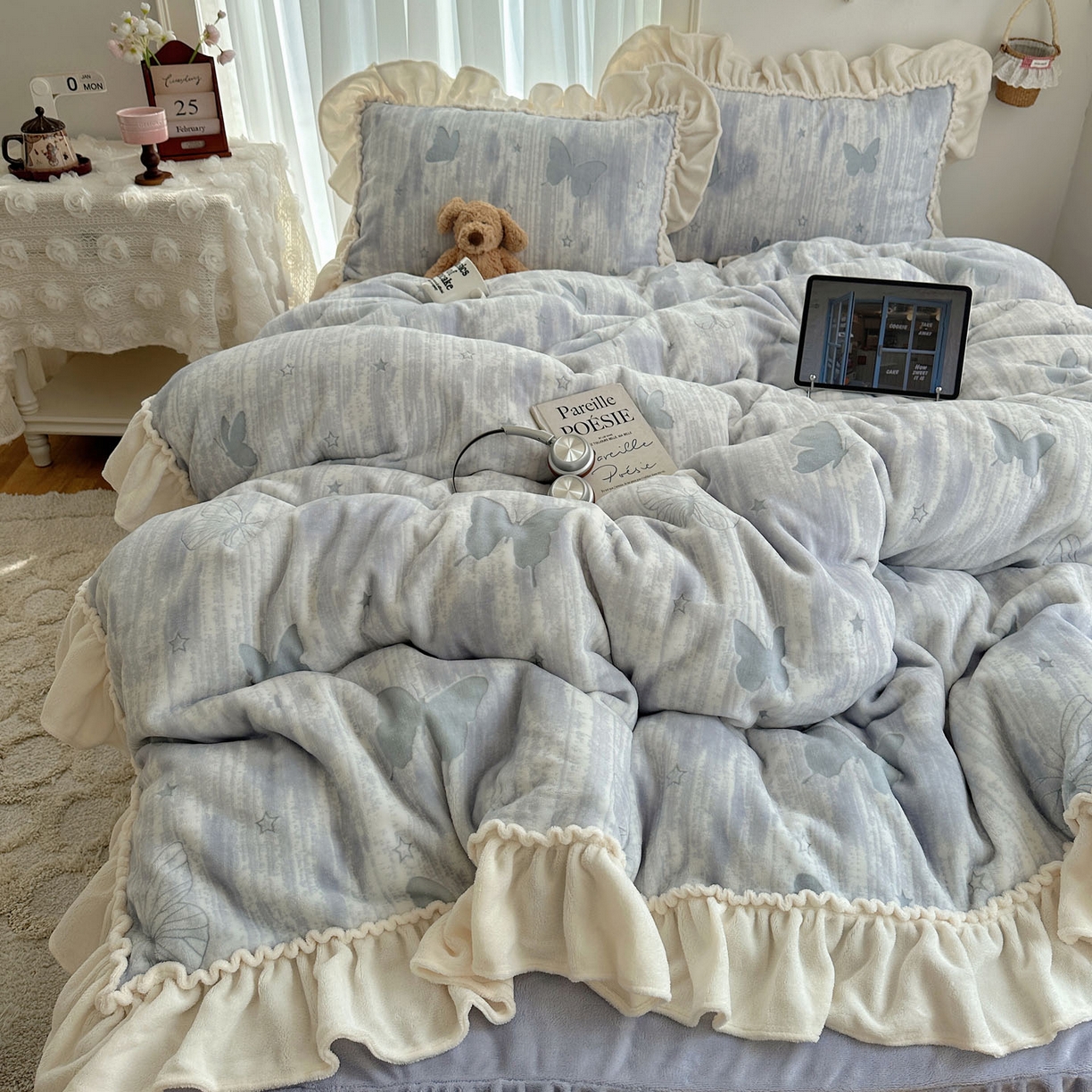 91家纺网 家纺一手货源 找家纺 轻奢坊 2025新款牛奶绒5D烂花韩版法式花边四件套-蝶梦 蝶梦紫