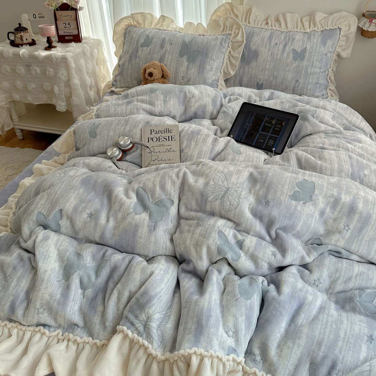 91家纺网 家纺一手货源 找家纺 轻奢坊 2025新款牛奶绒5D烂花韩版法式花边四件套-蝶梦 蝶梦紫