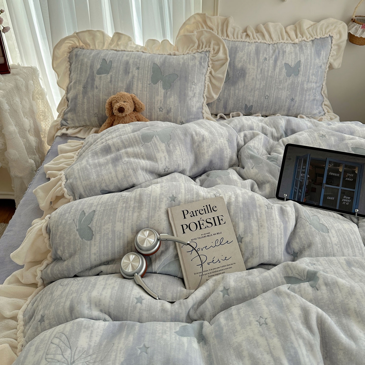 91家纺网 家纺一手货源 找家纺 轻奢坊 2025新款牛奶绒5D烂花韩版法式花边四件套-蝶梦 蝶梦紫