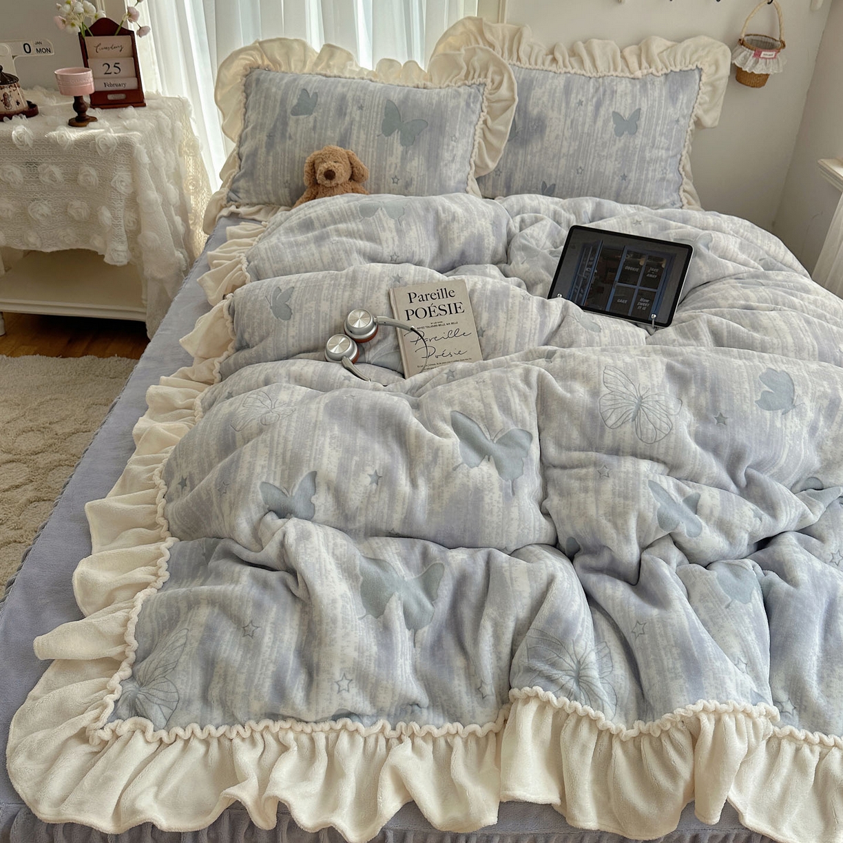 91家纺网 家纺一手货源 找家纺 轻奢坊 2025新款牛奶绒5D烂花韩版法式花边四件套-蝶梦 蝶梦紫