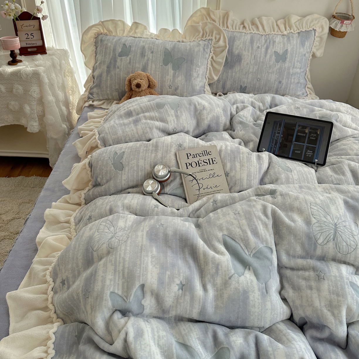 91家纺网 家纺一手货源 找家纺 轻奢坊 2025新款牛奶绒5D烂花韩版法式花边四件套-蝶梦 蝶梦紫