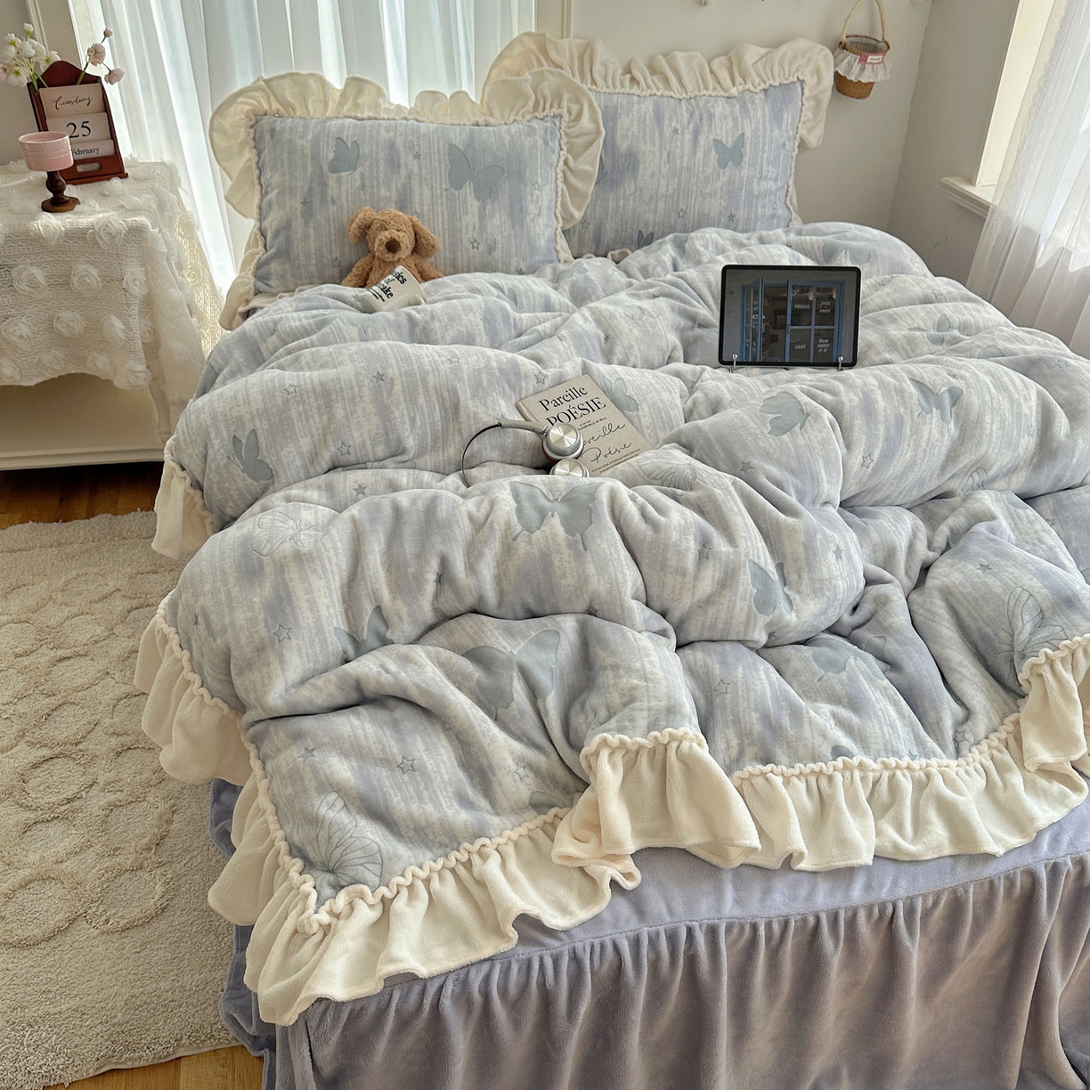 91家纺网 家纺一手货源 找家纺 轻奢坊 2025新款牛奶绒5D烂花韩版法式花边四件套-蝶梦 蝶梦紫