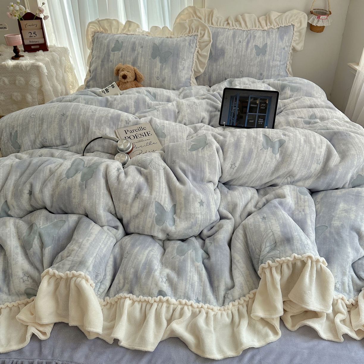 91家纺网 家纺一手货源 找家纺 轻奢坊 2025新款牛奶绒5D烂花韩版法式花边四件套-蝶梦 蝶梦紫