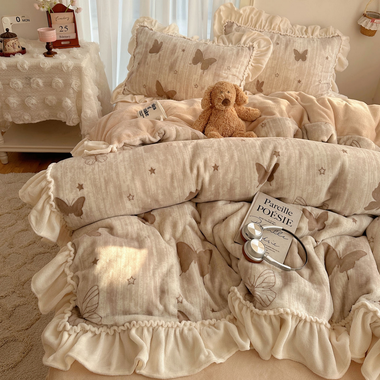 轻奢坊 2025新款牛奶绒5D烂花韩版法式花边四件套-蝶梦 蝶梦咖