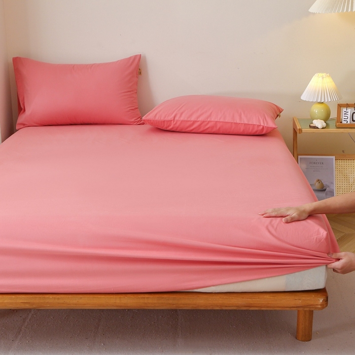 晶缦 2025新款100%纯棉13376纯色喷气全棉磨毛单床笠 暖芸馨-蕊红玉