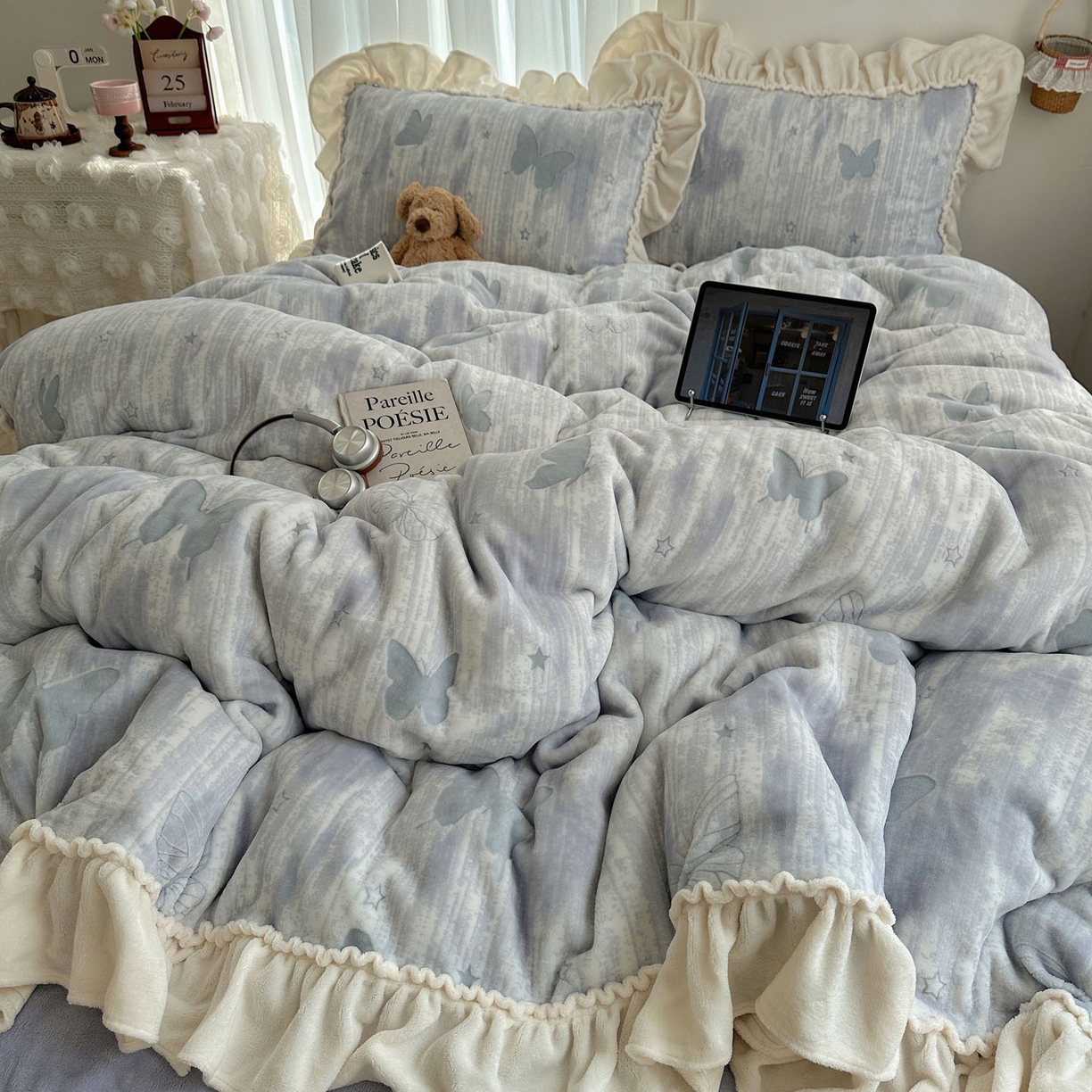 91家纺网 家纺一手货源 找家纺 轻奢坊 2025新款牛奶绒5D烂花韩版法式花边四件套-蝶梦 蝶梦紫