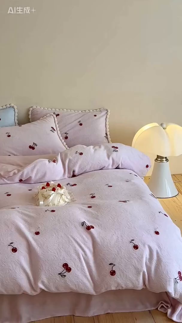 91家纺网 家纺一手货源 找家纺 圆岛家纺 2025新款高克重雕花绒牛奶绒印花四件套-樱桃 樱桃-粉