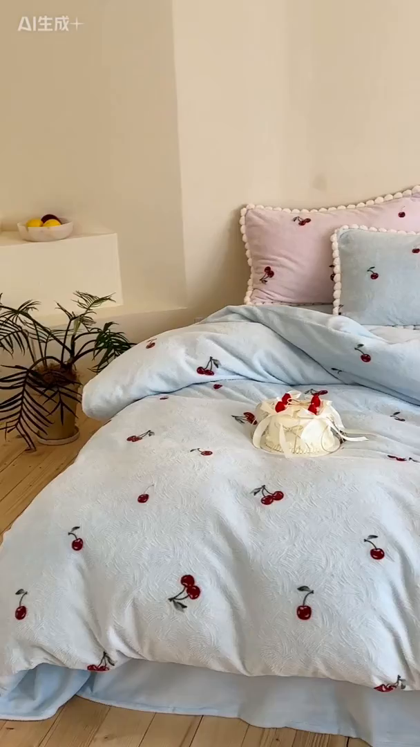 91家纺网 家纺一手货源 找家纺 圆岛家纺 2025新款高克重雕花绒牛奶绒印花四件套-樱桃 樱桃-蓝