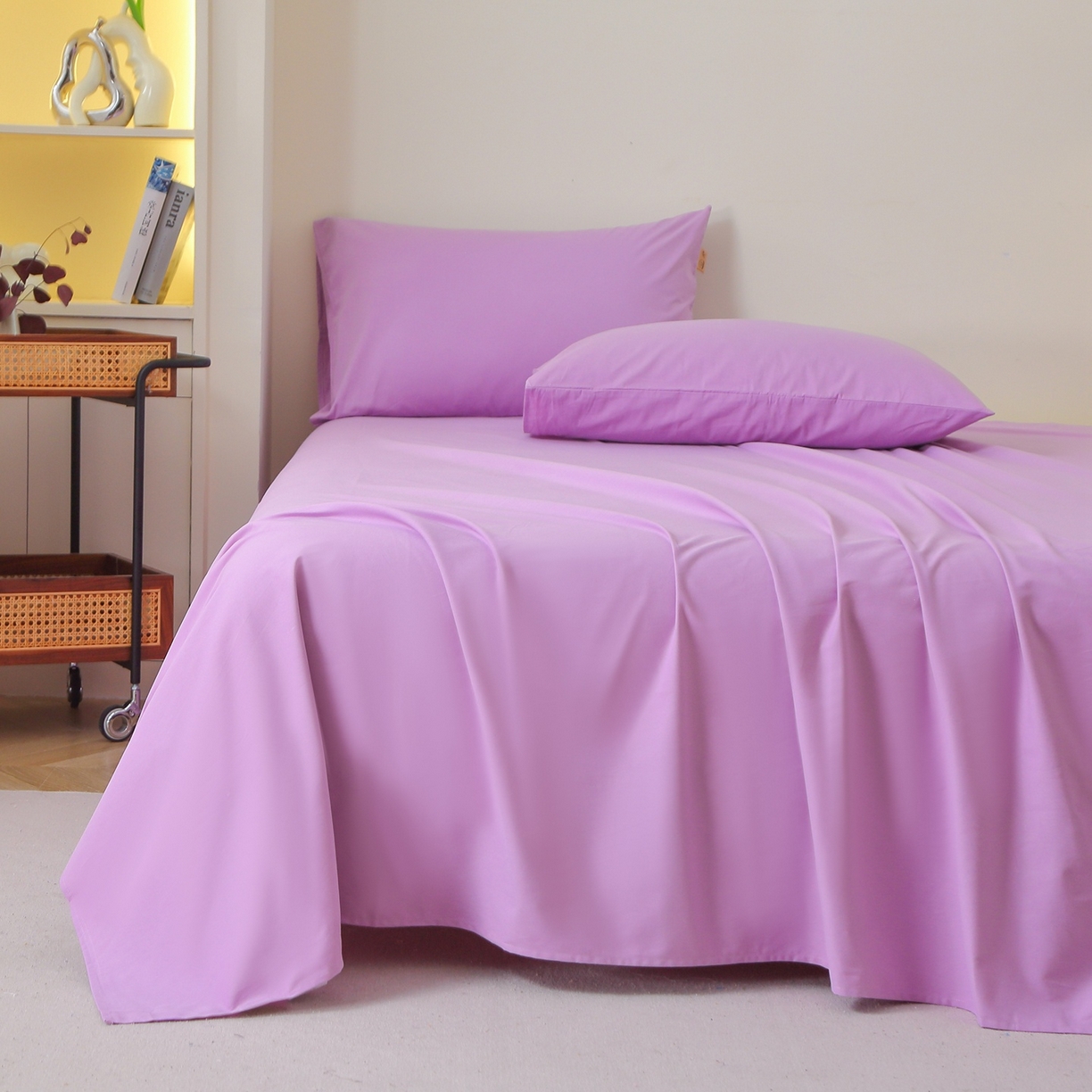 91家纺网 家纺一手货源 找家纺 晶缦家纺 2025新款100%纯棉13376纯色喷气全棉磨毛四件套和单品被套床单床笠枕套-单床单 暖芸馨-雾紫色
