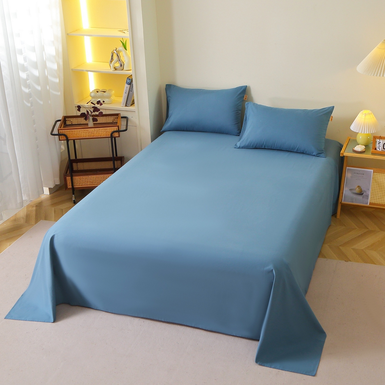 91家纺网 家纺一手货源 找家纺 晶缦家纺 2025新款100%纯棉13376纯色喷气全棉磨毛四件套和单品被套床单床笠枕套-单床单 暖芸馨-蝶翅蓝