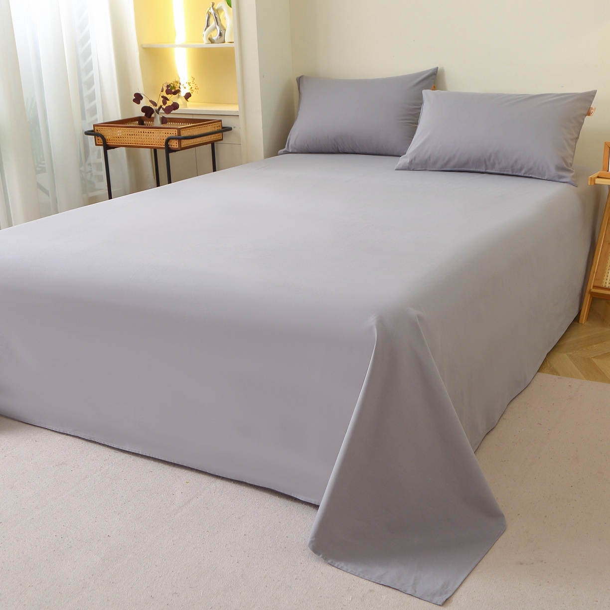 91家纺网 家纺一手货源 找家纺 晶缦家纺 2025新款100%纯棉13376纯色喷气全棉磨毛四件套和单品被套床单床笠枕套-单床单 暖芸馨-浅青灰