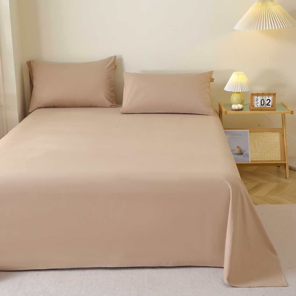 91家纺网 家纺一手货源 找家纺 晶缦家纺 2025新款100%纯棉13376纯色喷气全棉磨毛四件套和单品被套床单床笠枕套-单床单 暖芸馨-鹿角棕