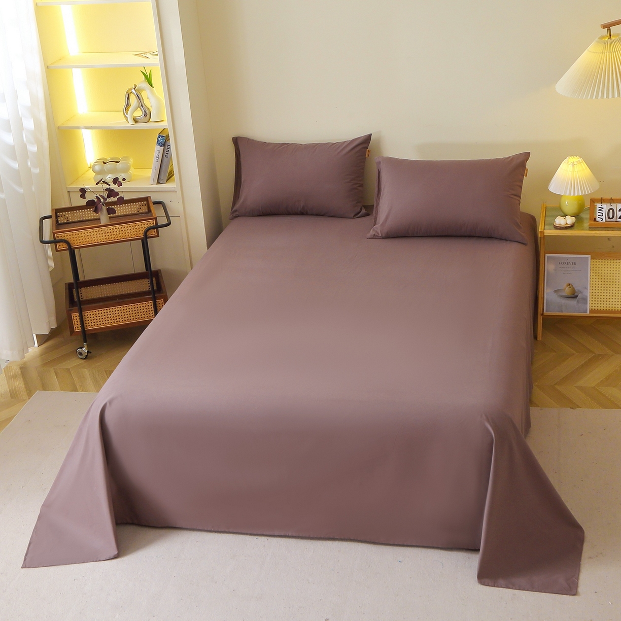 91家纺网 家纺一手货源 找家纺 晶缦家纺 2025新款100%纯棉13376纯色喷气全棉磨毛四件套和单品被套床单床笠枕套-单床单 暖芸馨-深松棕