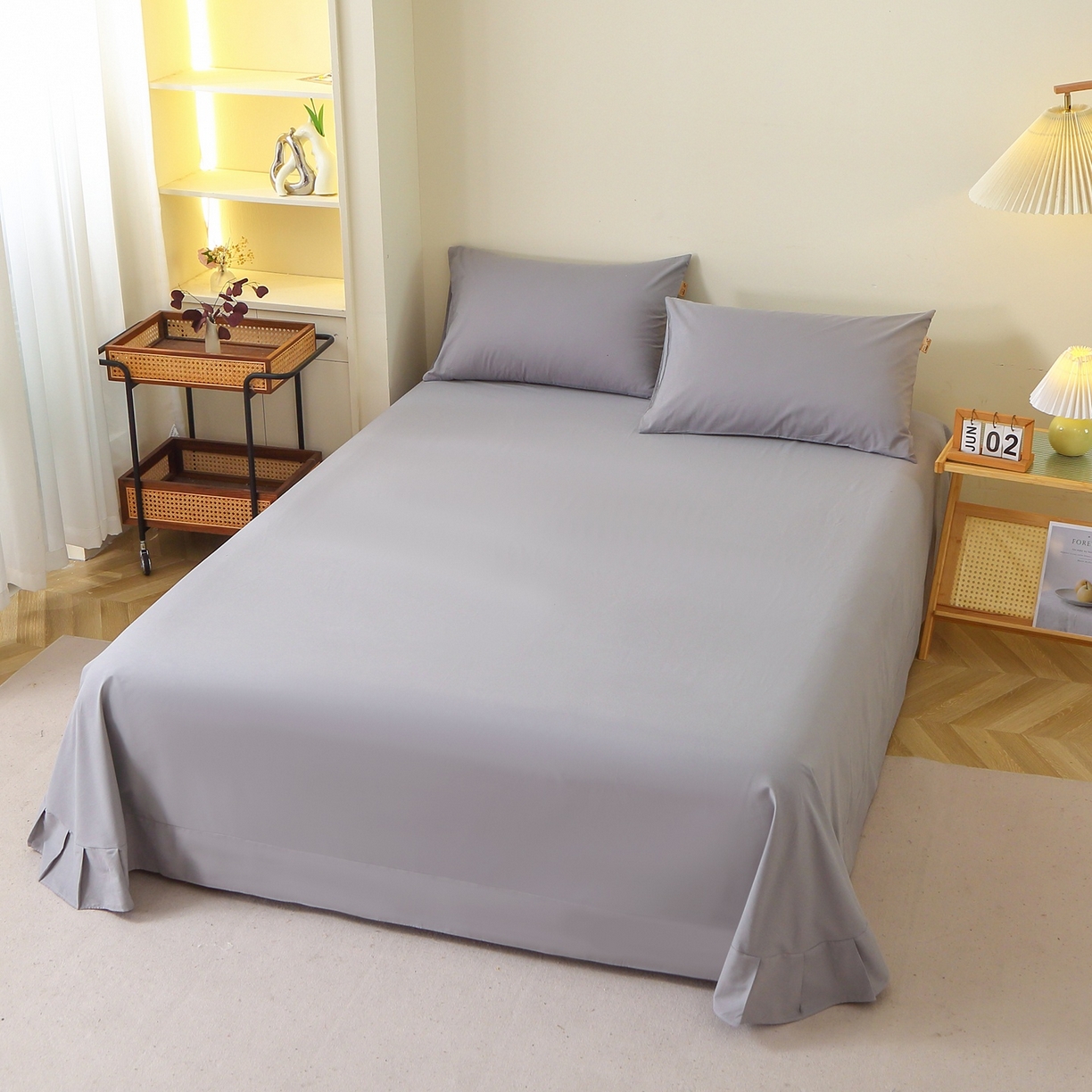 91家纺网 家纺一手货源 找家纺 晶缦家纺 2025新款100%纯棉13376纯色喷气全棉磨毛四件套和单品被套床单床笠枕套-单床单 暖芸馨-浅青灰