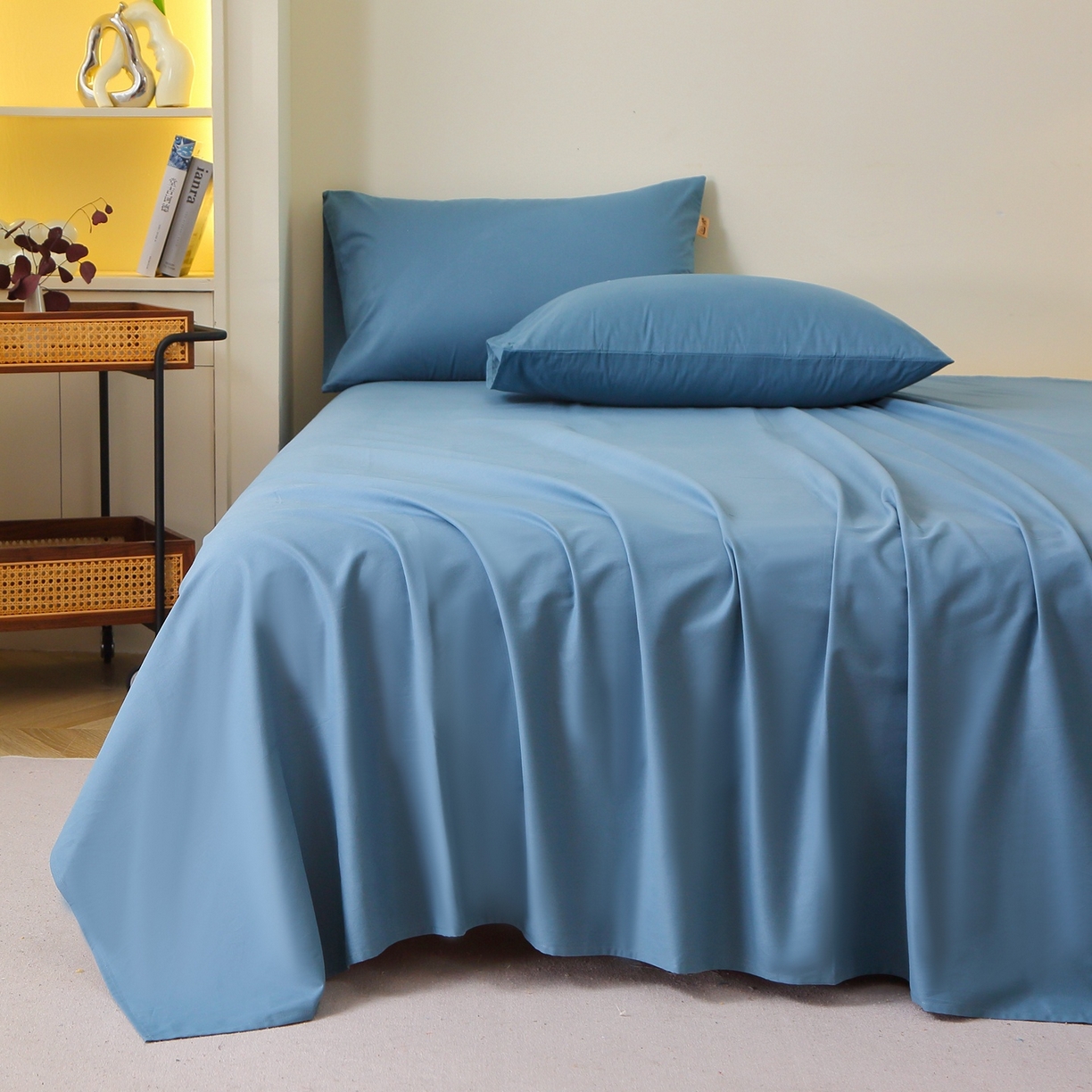 91家纺网 家纺一手货源 找家纺 晶缦家纺 2025新款100%纯棉13376纯色喷气全棉磨毛四件套和单品被套床单床笠枕套-单床单 暖芸馨-蝶翅蓝