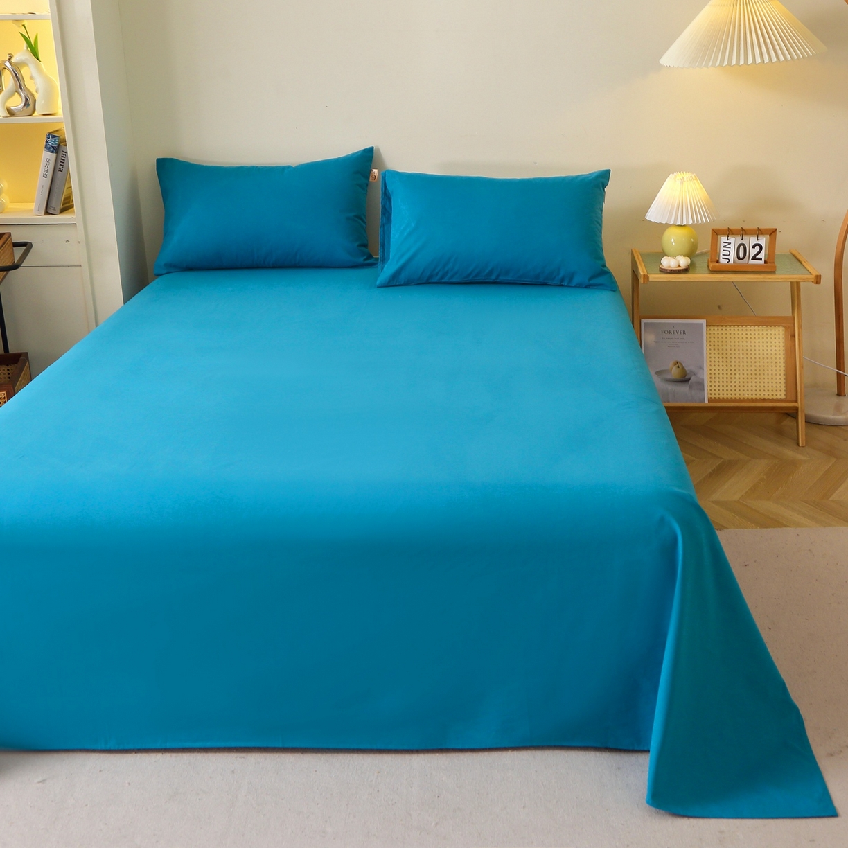 91家纺网 家纺一手货源 找家纺 晶缦家纺 2025新款100%纯棉13376纯色喷气全棉磨毛四件套和单品被套床单床笠枕套-单床单 暖芸馨-云山蓝