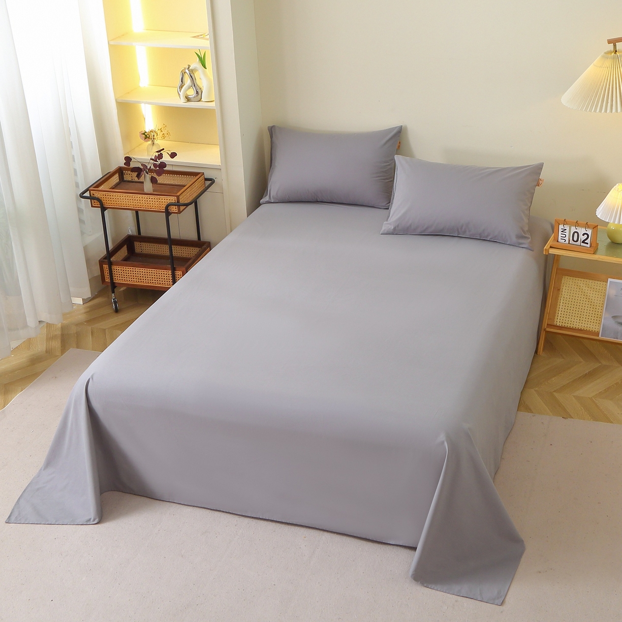 91家纺网 家纺一手货源 找家纺 晶缦家纺 2025新款100%纯棉13376纯色喷气全棉磨毛四件套和单品被套床单床笠枕套-单床单 暖芸馨-浅青灰