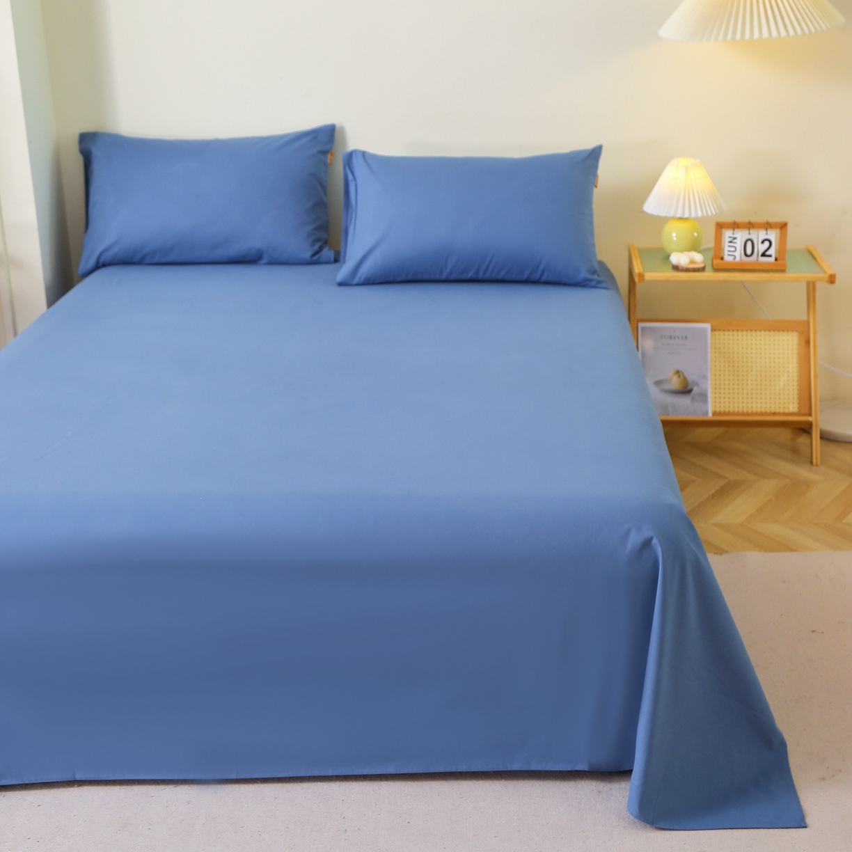 91家纺网 家纺一手货源 找家纺 晶缦家纺 2025新款100%纯棉13376纯色喷气全棉磨毛四件套和单品被套床单床笠枕套-单床单 暖芸馨-靛青蓝