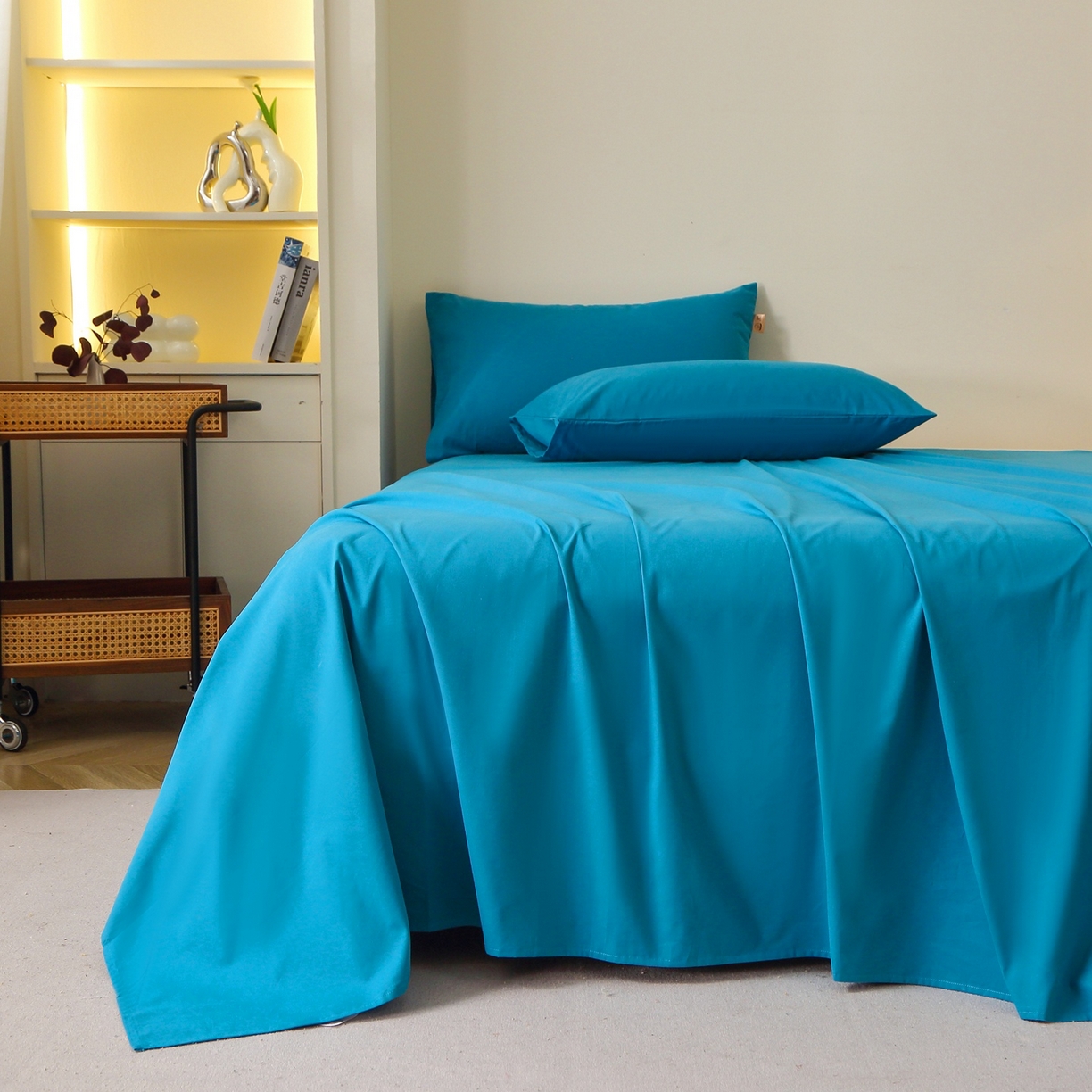 91家纺网 家纺一手货源 找家纺 晶缦家纺 2025新款100%纯棉13376纯色喷气全棉磨毛四件套和单品被套床单床笠枕套-单床单 暖芸馨-云山蓝