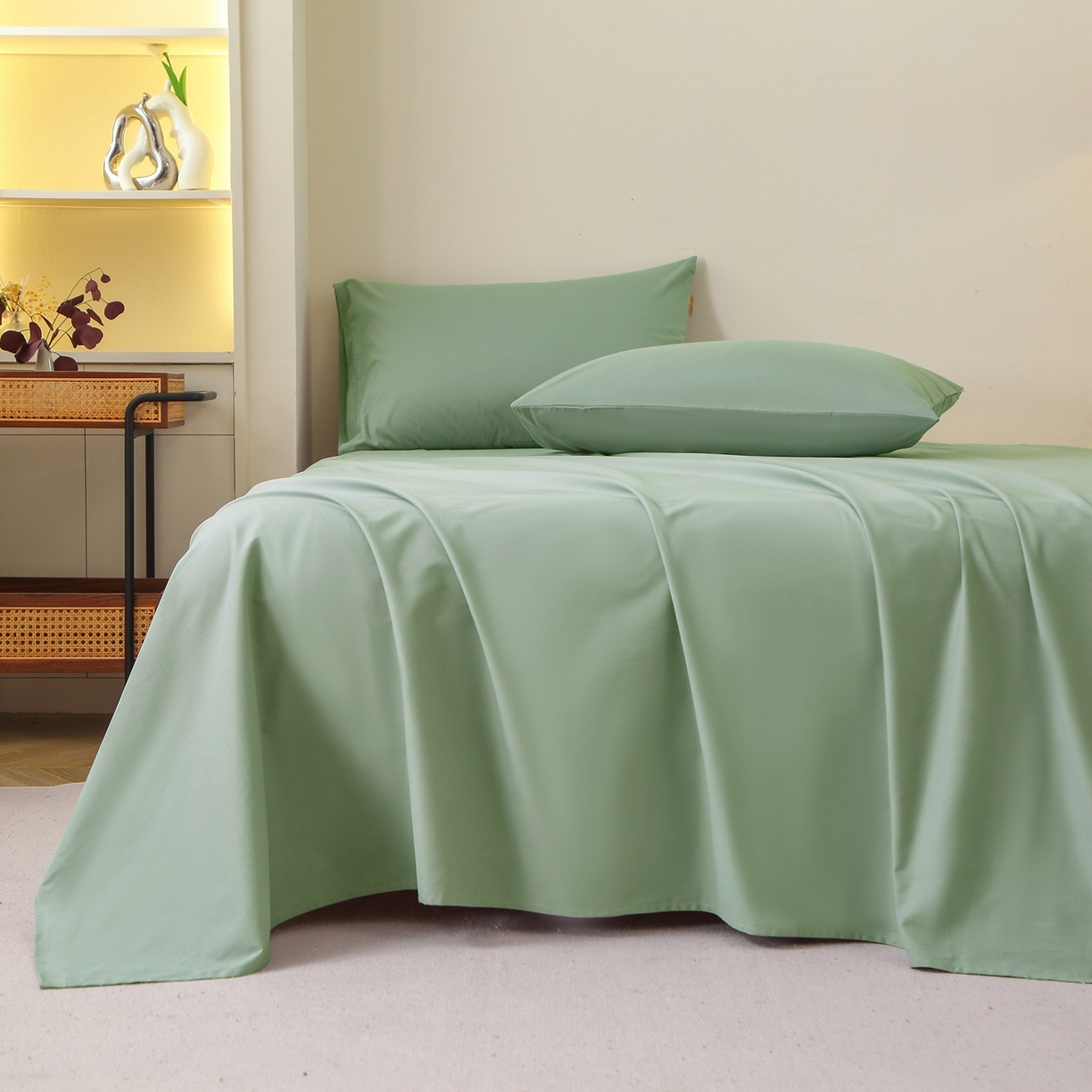 91家纺网 家纺一手货源 找家纺 晶缦家纺 2025新款100%纯棉13376纯色喷气全棉磨毛四件套和单品被套床单床笠枕套-单床单 暖芸馨-茶卡绿