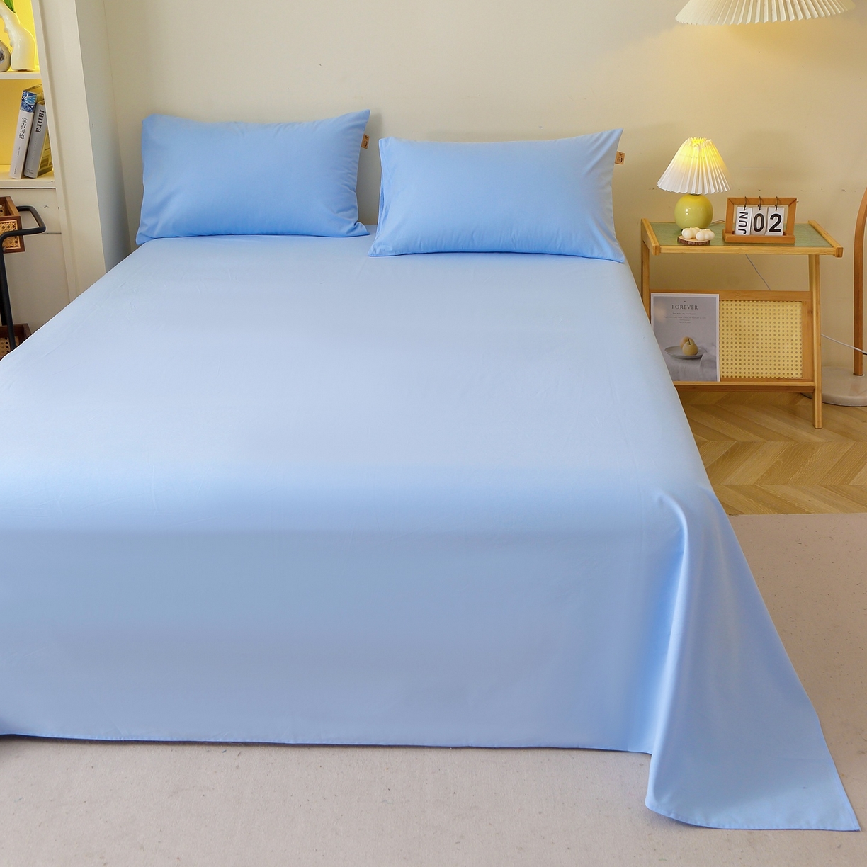 91家纺网 家纺一手货源 找家纺 晶缦家纺 2025新款100%纯棉13376纯色喷气全棉磨毛四件套和单品被套床单床笠枕套-单床单 暖芸馨-淡天兰