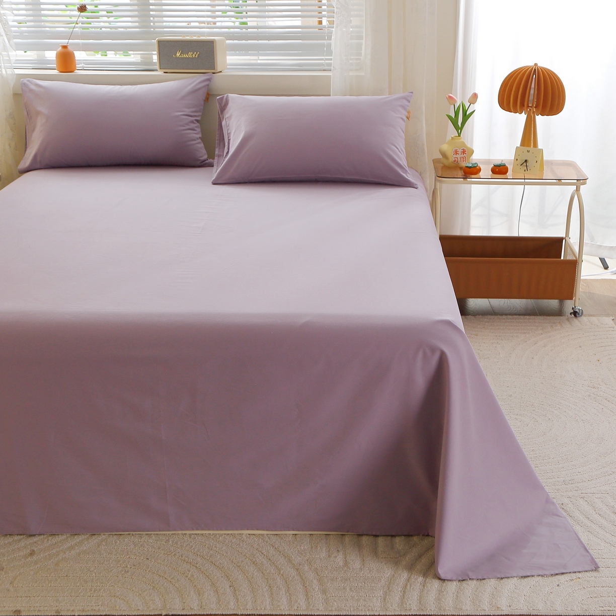 91家纺网 家纺一手货源 找家纺 晶缦家纺 2025新款100%纯棉13376纯色喷气全棉磨毛四件套和单品被套床单床笠枕套-单床单 暖芸馨-浅陌紫