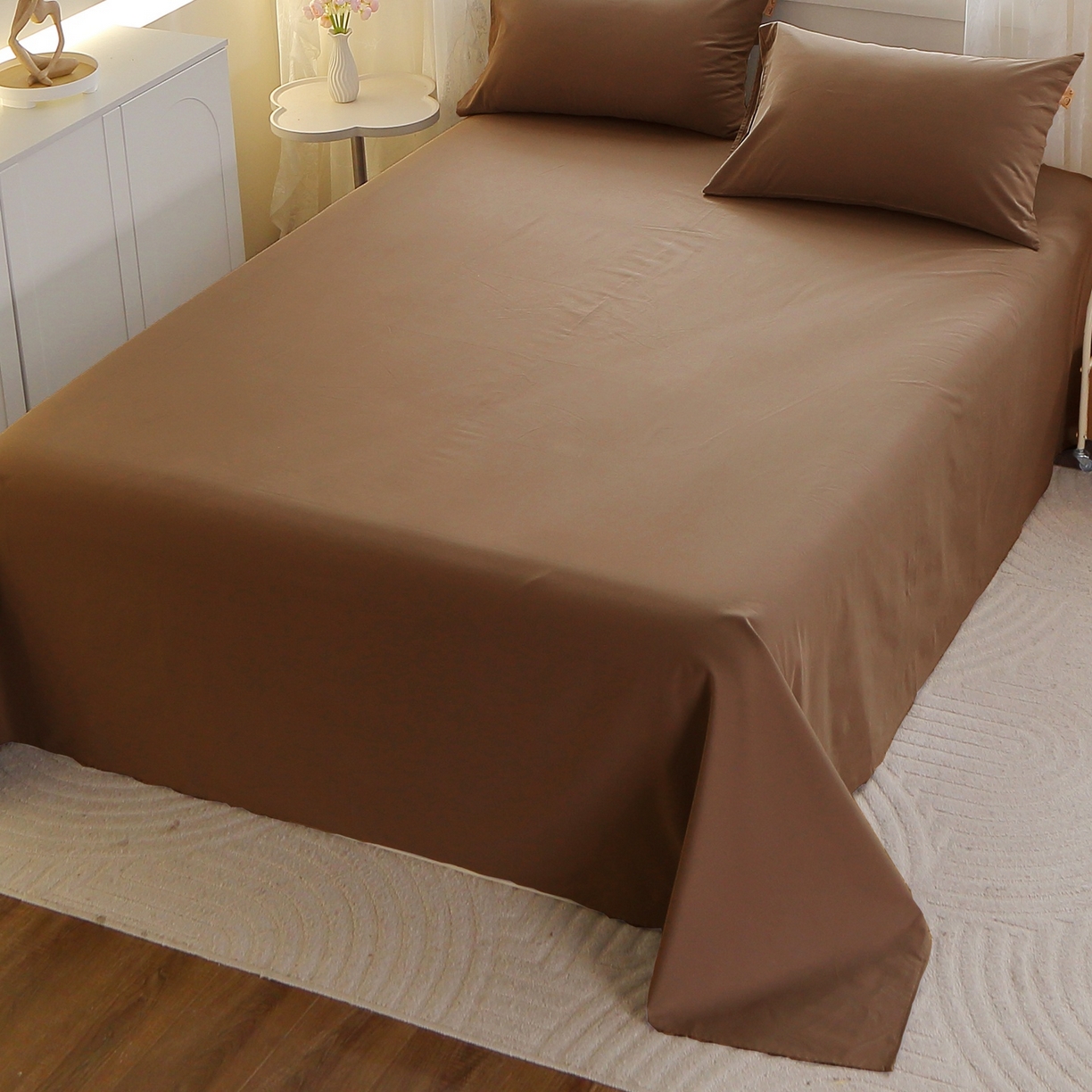 91家纺网 家纺一手货源 找家纺 晶缦家纺 2025新款100%纯棉13376纯色喷气全棉磨毛四件套和单品被套床单床笠枕套-单床单 暖芸馨-枯茶棕