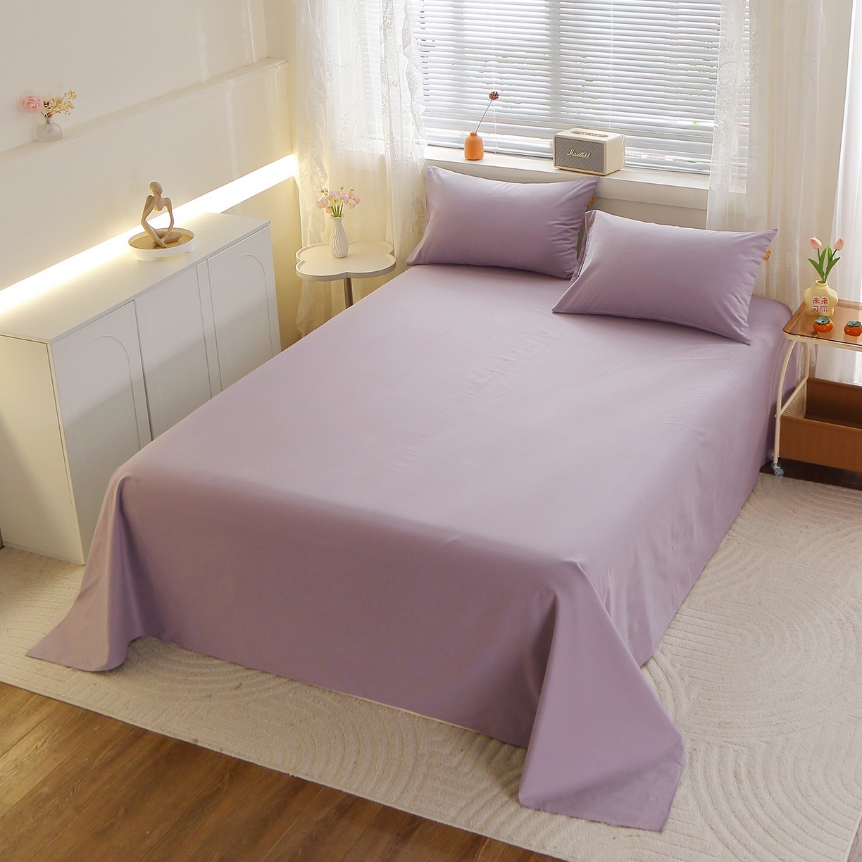 91家纺网 家纺一手货源 找家纺 晶缦家纺 2025新款100%纯棉13376纯色喷气全棉磨毛四件套和单品被套床单床笠枕套-单床单 暖芸馨-浅陌紫