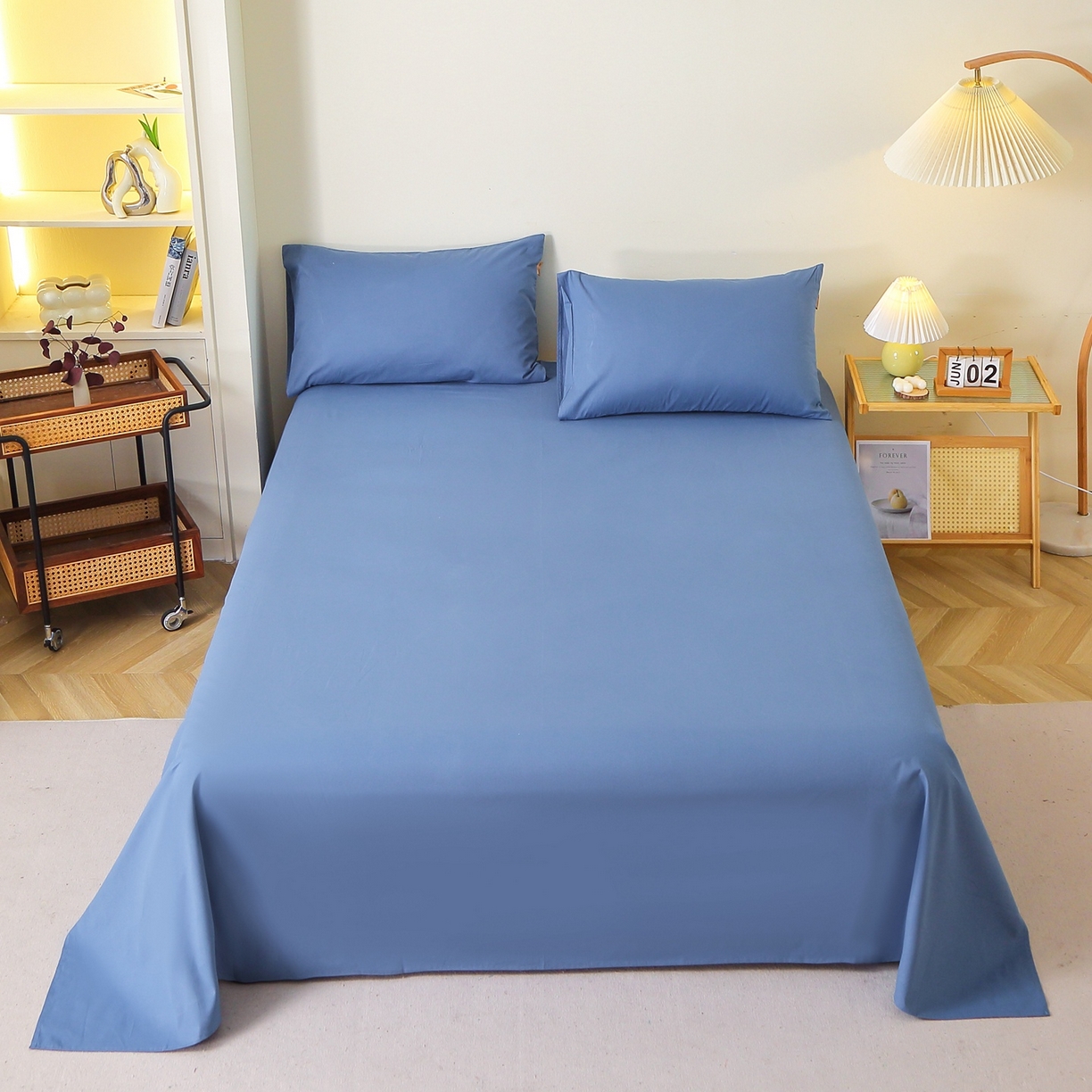 91家纺网 家纺一手货源 找家纺 晶缦家纺 2025新款100%纯棉13376纯色喷气全棉磨毛四件套和单品被套床单床笠枕套-单床单 暖芸馨-靛青蓝