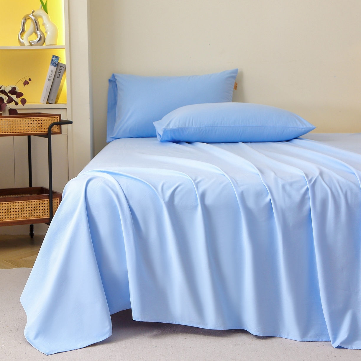 91家纺网 家纺一手货源 找家纺 晶缦家纺 2025新款100%纯棉13376纯色喷气全棉磨毛四件套和单品被套床单床笠枕套-单床单 暖芸馨-淡天兰