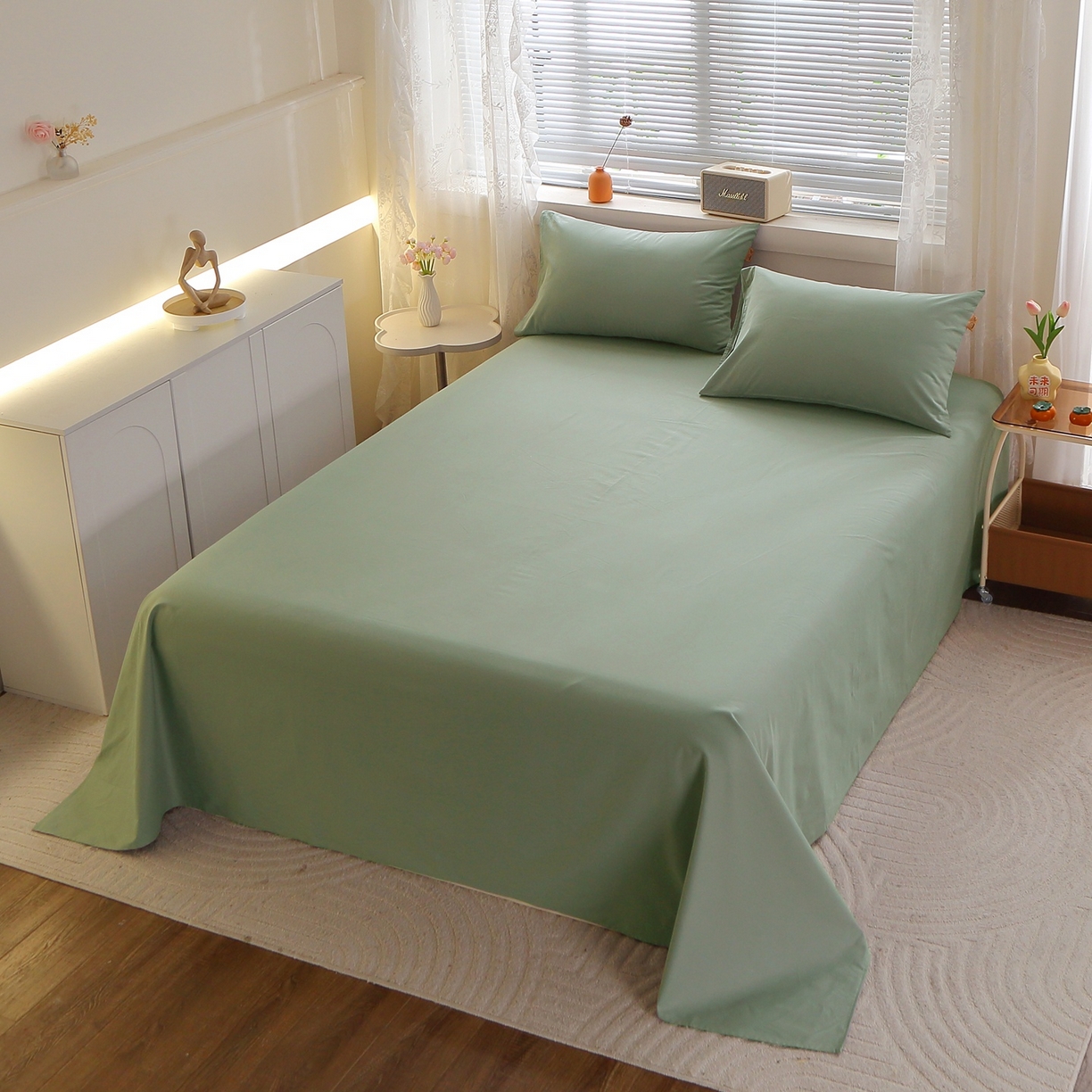 91家纺网 家纺一手货源 找家纺 晶缦家纺 2025新款100%纯棉13376纯色喷气全棉磨毛四件套和单品被套床单床笠枕套-单床单 暖芸馨-茶卡绿