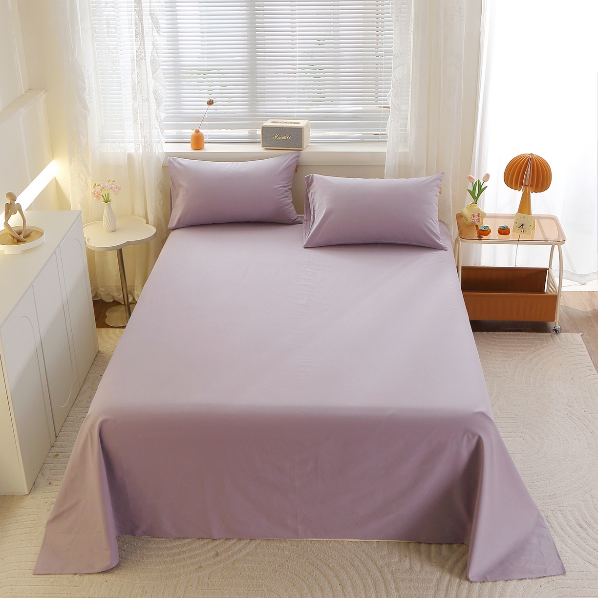 91家纺网 家纺一手货源 找家纺 晶缦家纺 2025新款100%纯棉13376纯色喷气全棉磨毛四件套和单品被套床单床笠枕套-单床单 暖芸馨-浅陌紫