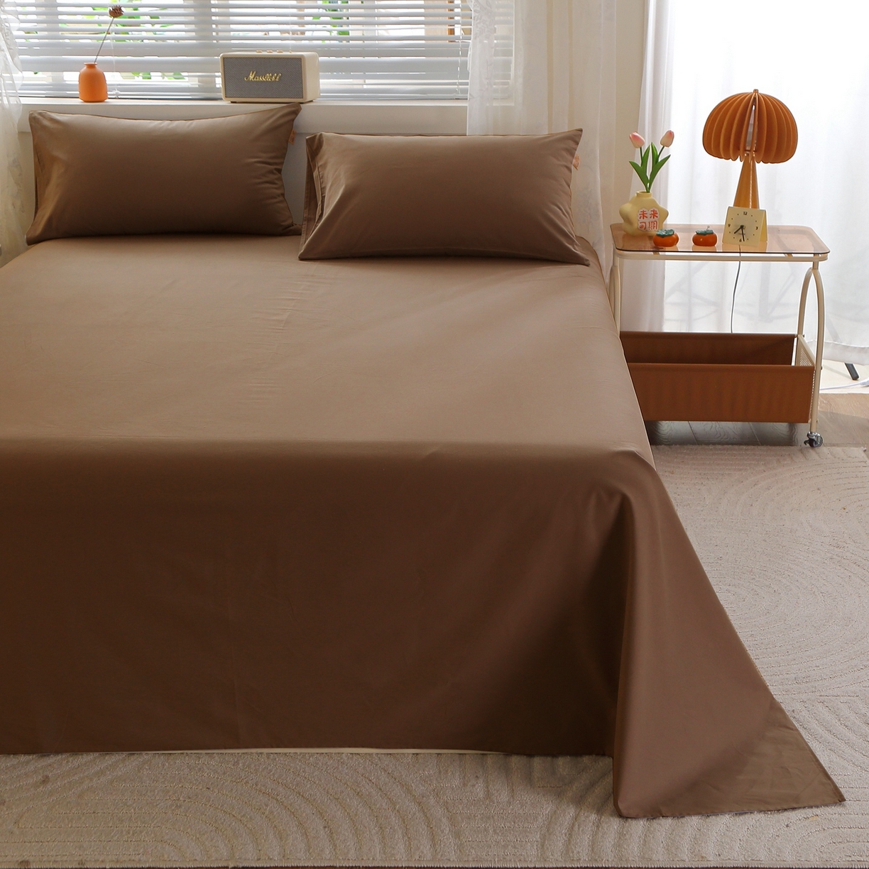 91家纺网 家纺一手货源 找家纺 晶缦家纺 2025新款100%纯棉13376纯色喷气全棉磨毛四件套和单品被套床单床笠枕套-单床单 暖芸馨-枯茶棕
