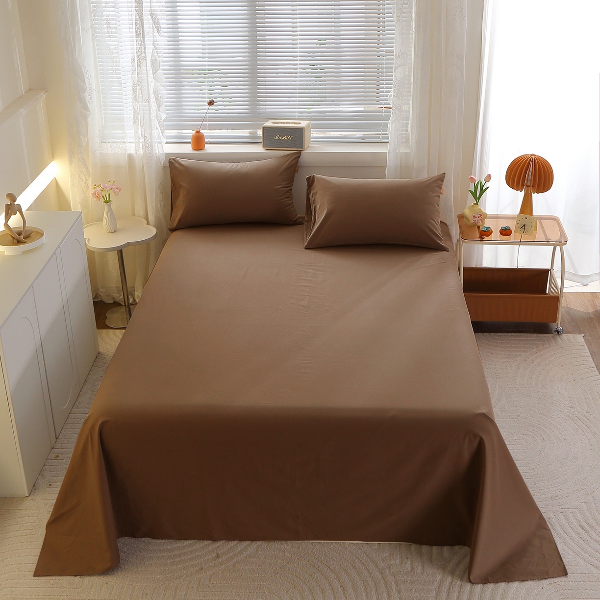91家纺网 家纺一手货源 找家纺 晶缦家纺 2025新款100%纯棉13376纯色喷气全棉磨毛四件套和单品被套床单床笠枕套-单床单 暖芸馨-枯茶棕