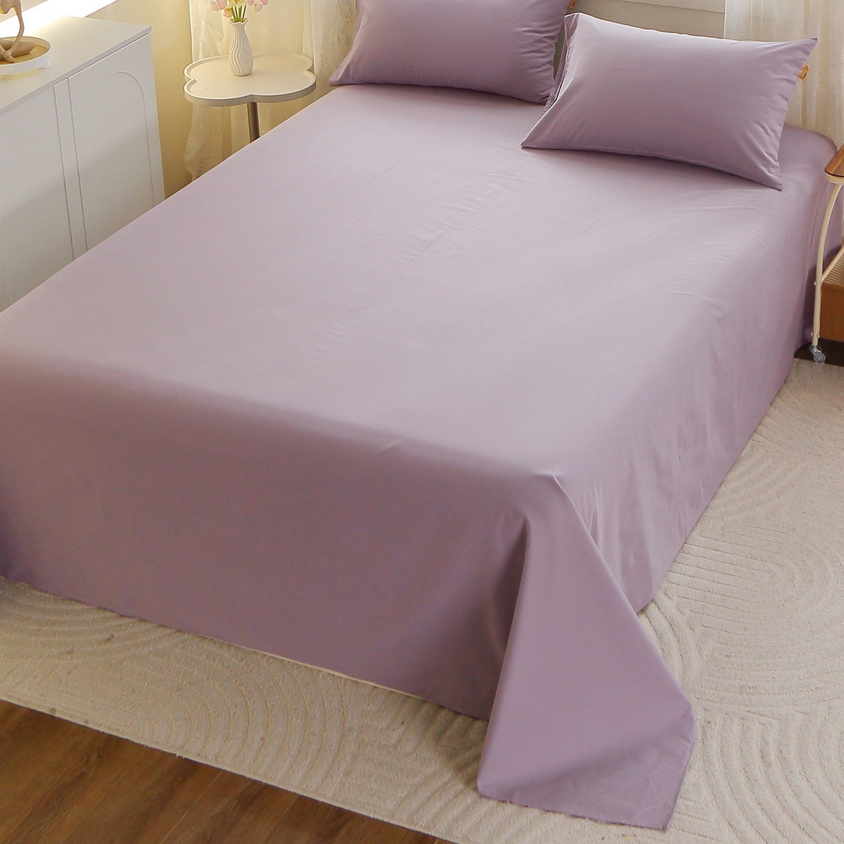 91家纺网 家纺一手货源 找家纺 晶缦家纺 2025新款100%纯棉13376纯色喷气全棉磨毛四件套和单品被套床单床笠枕套-单床单 暖芸馨-浅陌紫