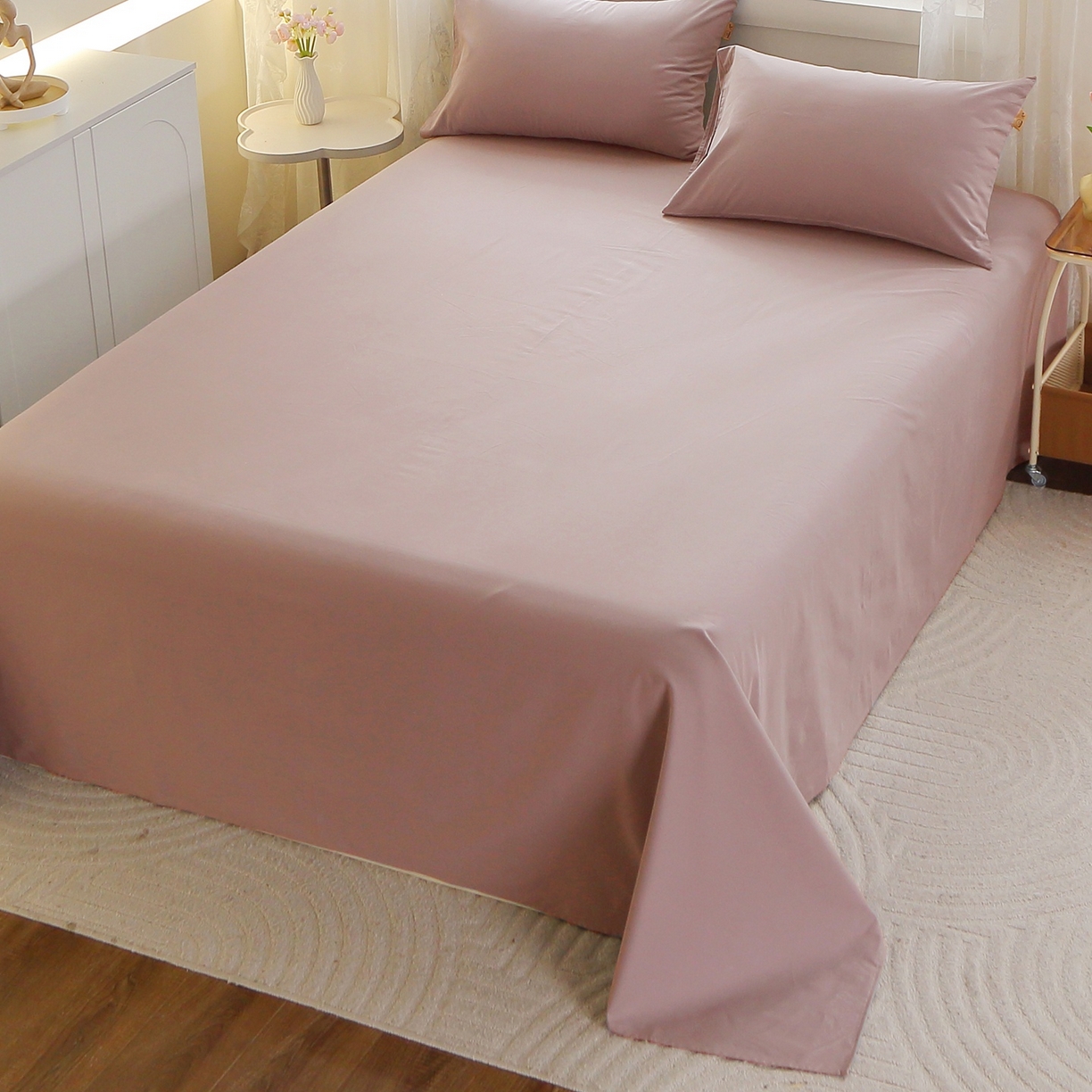 91家纺网 家纺一手货源 找家纺 晶缦家纺 2025新款100%纯棉13376纯色喷气全棉磨毛四件套和单品被套床单床笠枕套-单床单 暖芸馨-暖贝粉