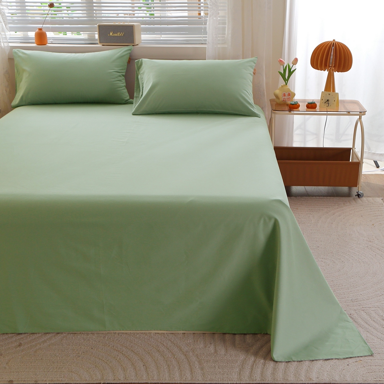 91家纺网 家纺一手货源 找家纺 晶缦家纺 2025新款100%纯棉13376纯色喷气全棉磨毛四件套和单品被套床单床笠枕套-单床单 暖芸馨-茶卡绿