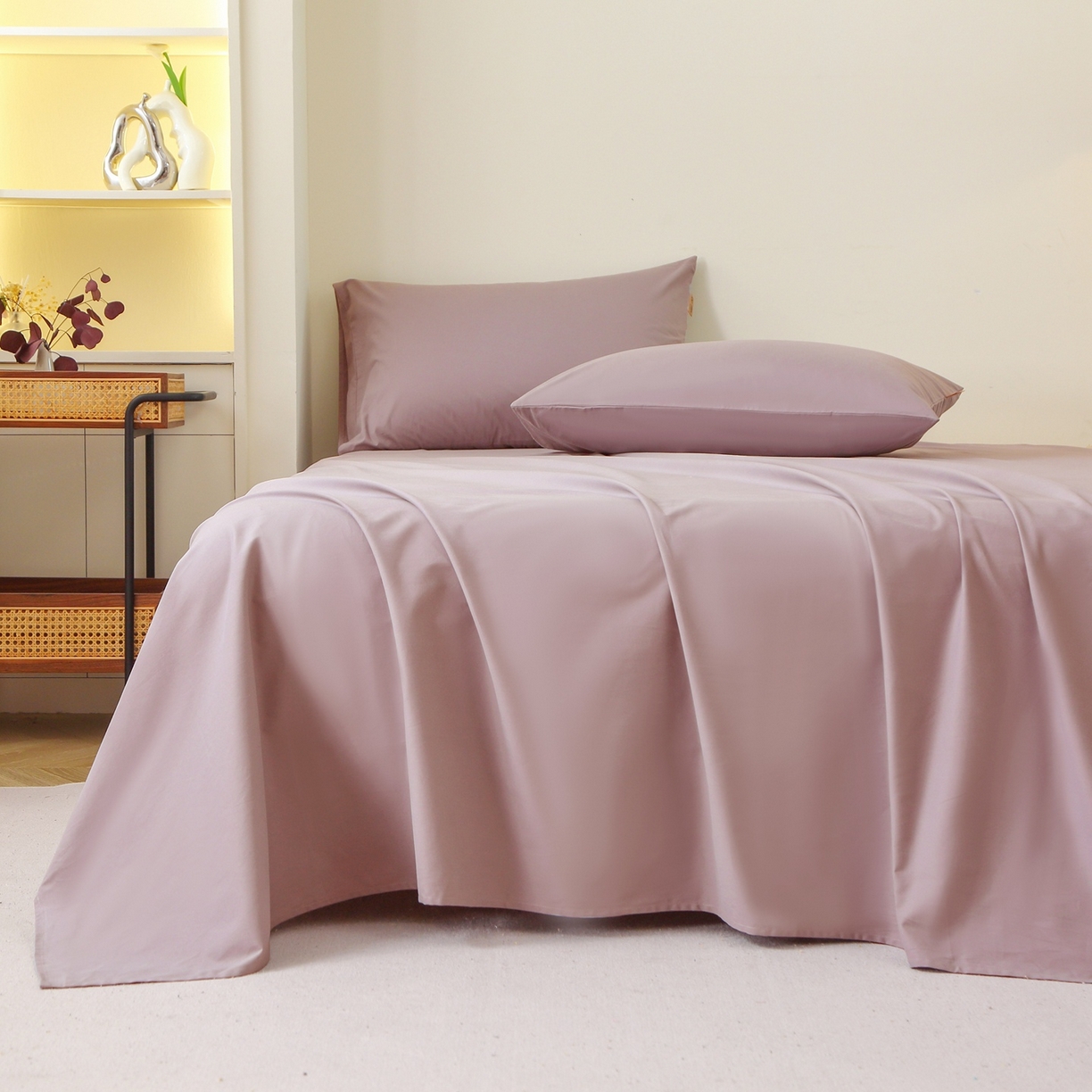 91家纺网 家纺一手货源 找家纺 晶缦家纺 2025新款100%纯棉13376纯色喷气全棉磨毛四件套和单品被套床单床笠枕套-单床单 暖芸馨-暖贝粉