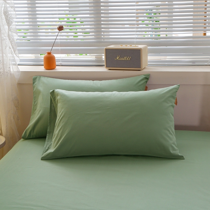 91家纺网 家纺一手货源 找家纺 晶缦家纺 2025新款100%纯棉13376纯色喷气全棉磨毛四件套和单品被套床单床笠枕套-单枕套 暖芸馨-茶卡绿