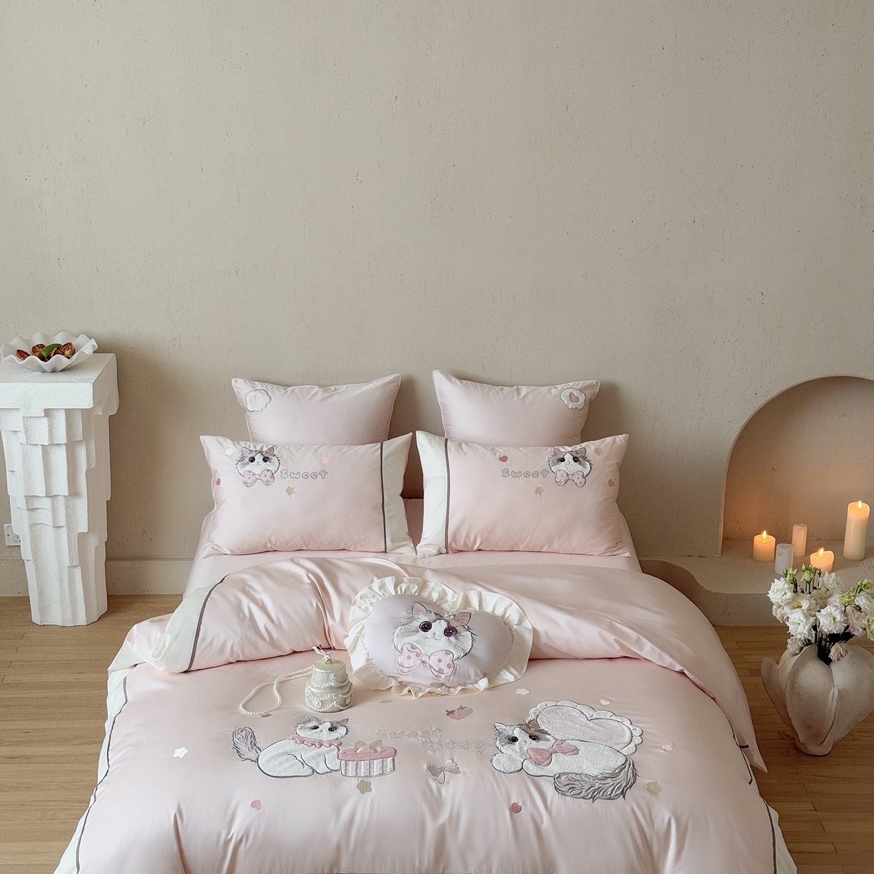 91家纺网 家纺一手货源 找家纺 （总）佳汐蓝家纺 2025新款百支全棉长绒棉贡缎四件套-布偶猫