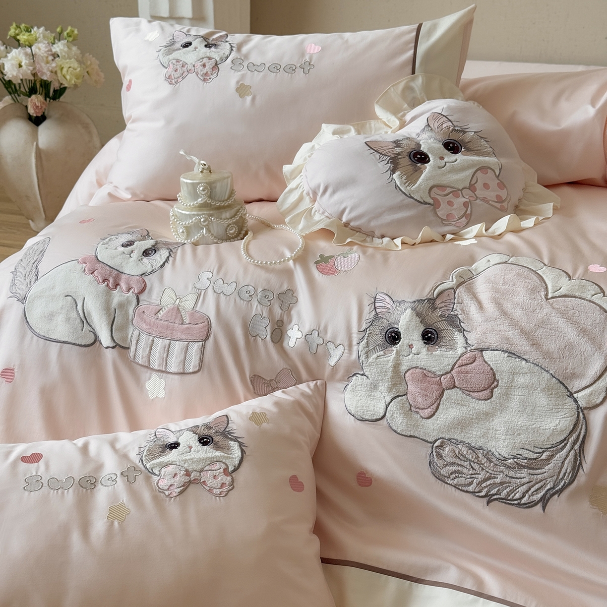 91家纺网 家纺一手货源 找家纺 （总）佳汐蓝家纺 2025新款百支全棉长绒棉贡缎四件套-布偶猫