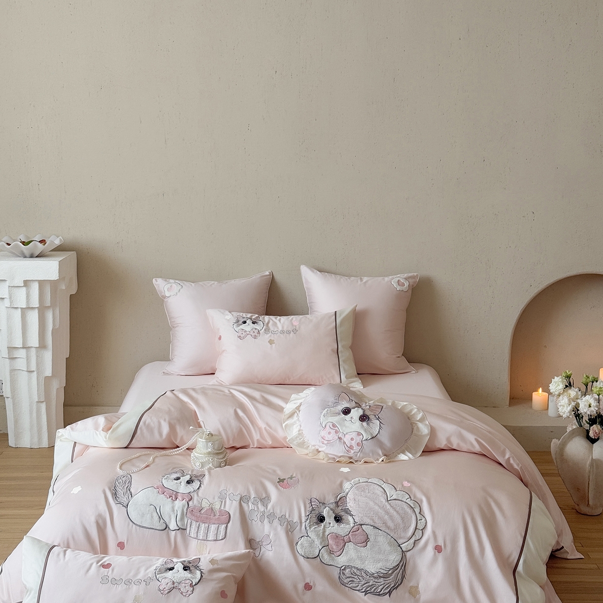 佳汐蓝家纺 2025新款百支全棉长绒棉贡缎四件套-布偶猫 布偶猫 粉