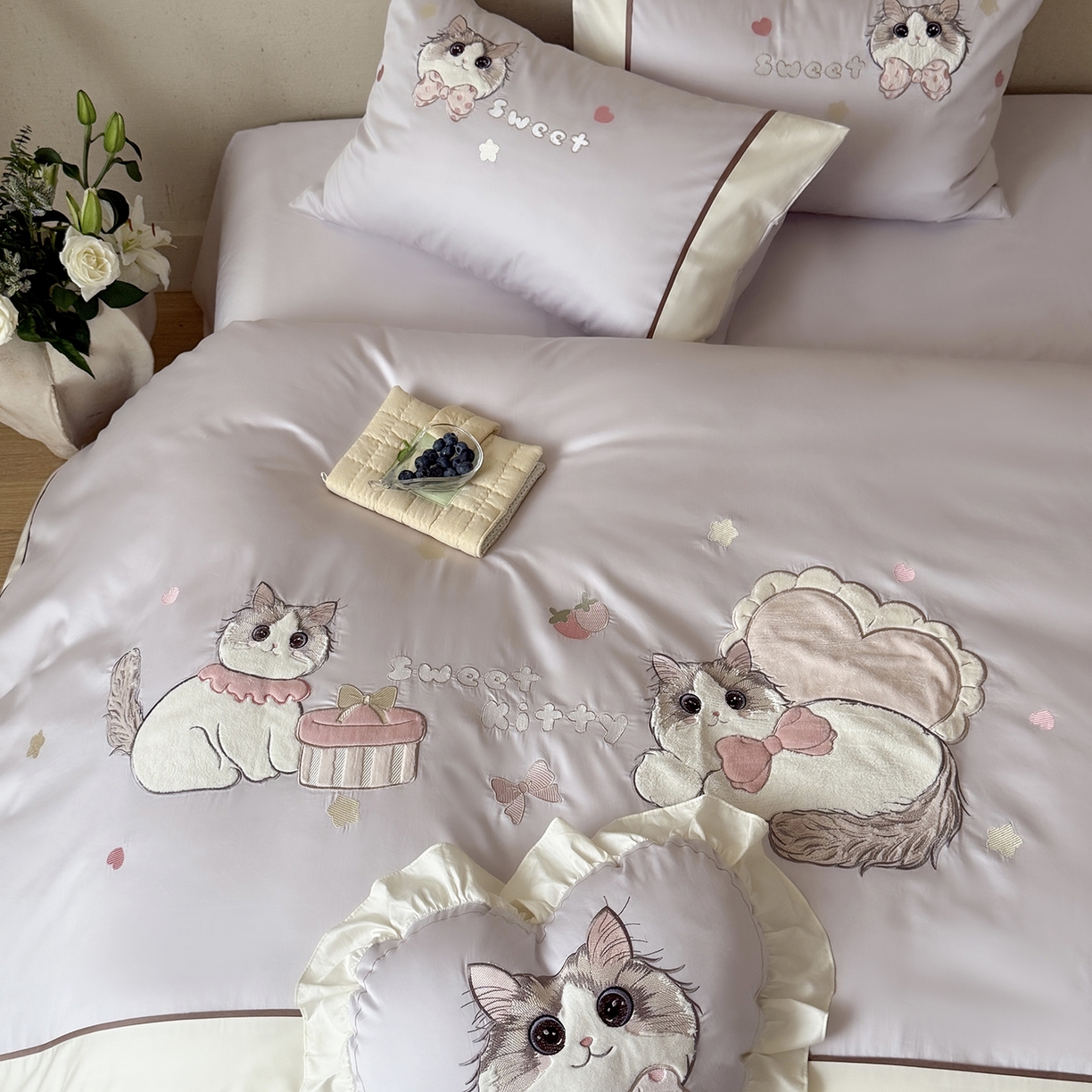 91家纺网 家纺一手货源 找家纺 佳汐蓝家纺 2025新款百支全棉长绒棉贡缎四件套-布偶猫 布偶猫 紫