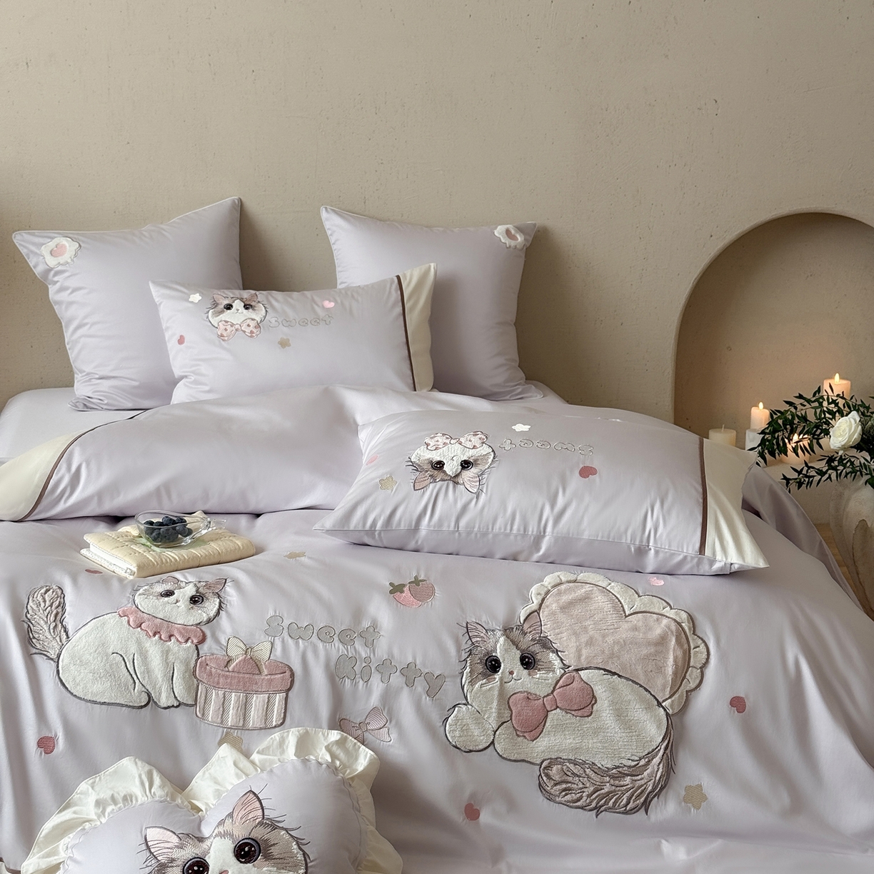 91家纺网 家纺一手货源 找家纺 佳汐蓝家纺 2025新款百支全棉长绒棉贡缎四件套-布偶猫 布偶猫 紫