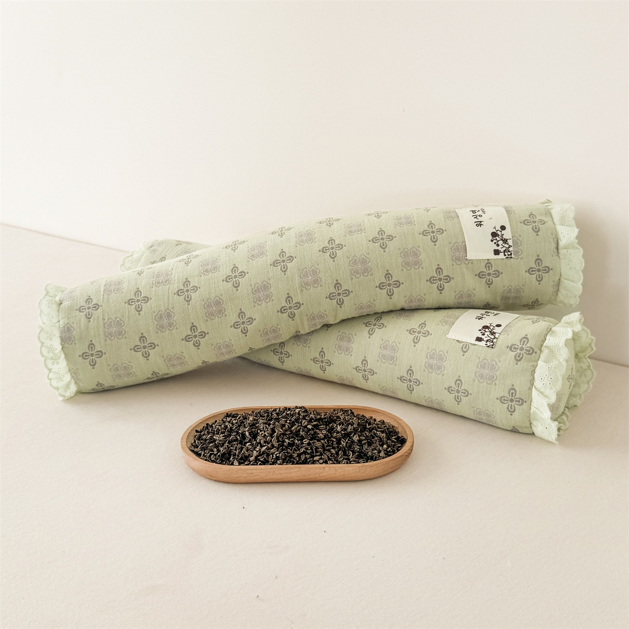 91家纺网 家纺一手货源 找家纺 麦肯锡 2025新款双层纱圆柱荞麦枕 枕头枕芯 绿色/对