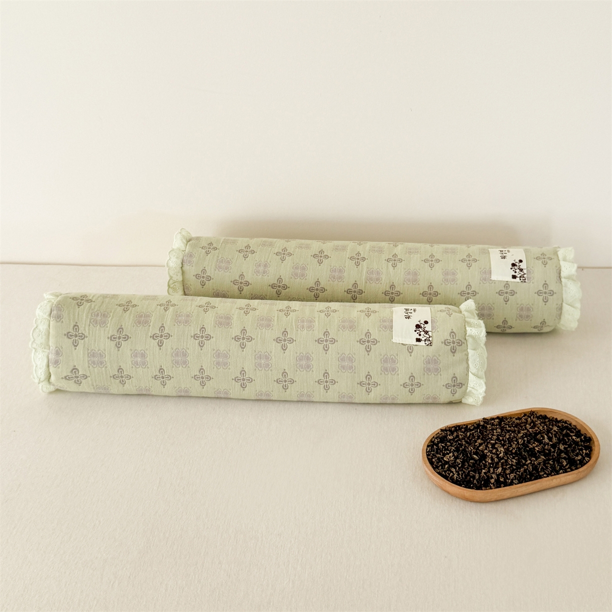 91家纺网 家纺一手货源 找家纺 麦肯锡 2025新款双层纱圆柱荞麦枕 枕头枕芯 绿色/对